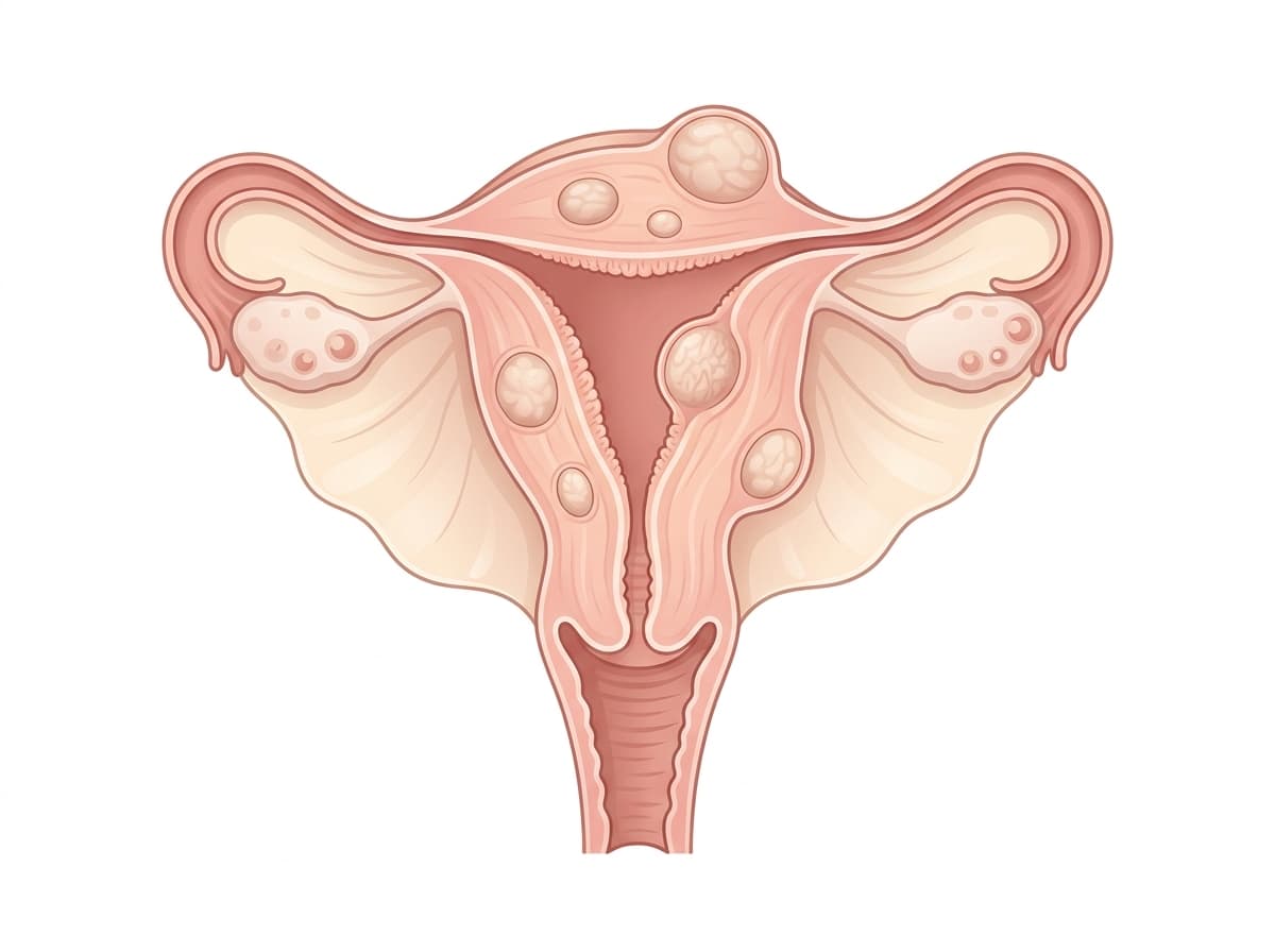 Medical illustration of uterine fibroids showing submucosal, intramural, and subserosal types